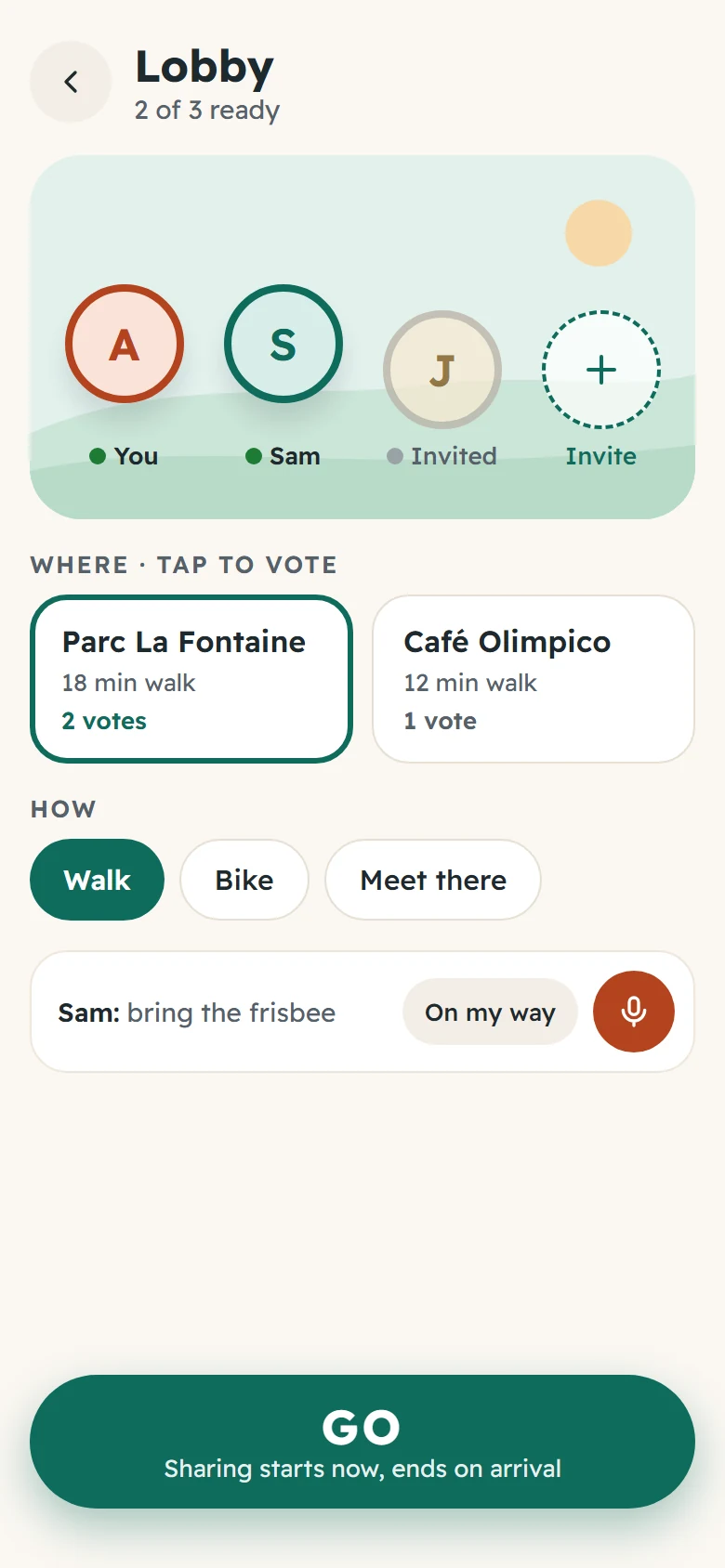 Lobby screen where the group votes between Parc La Fontaine and Café Olimpico and chooses walk, bike or meet there