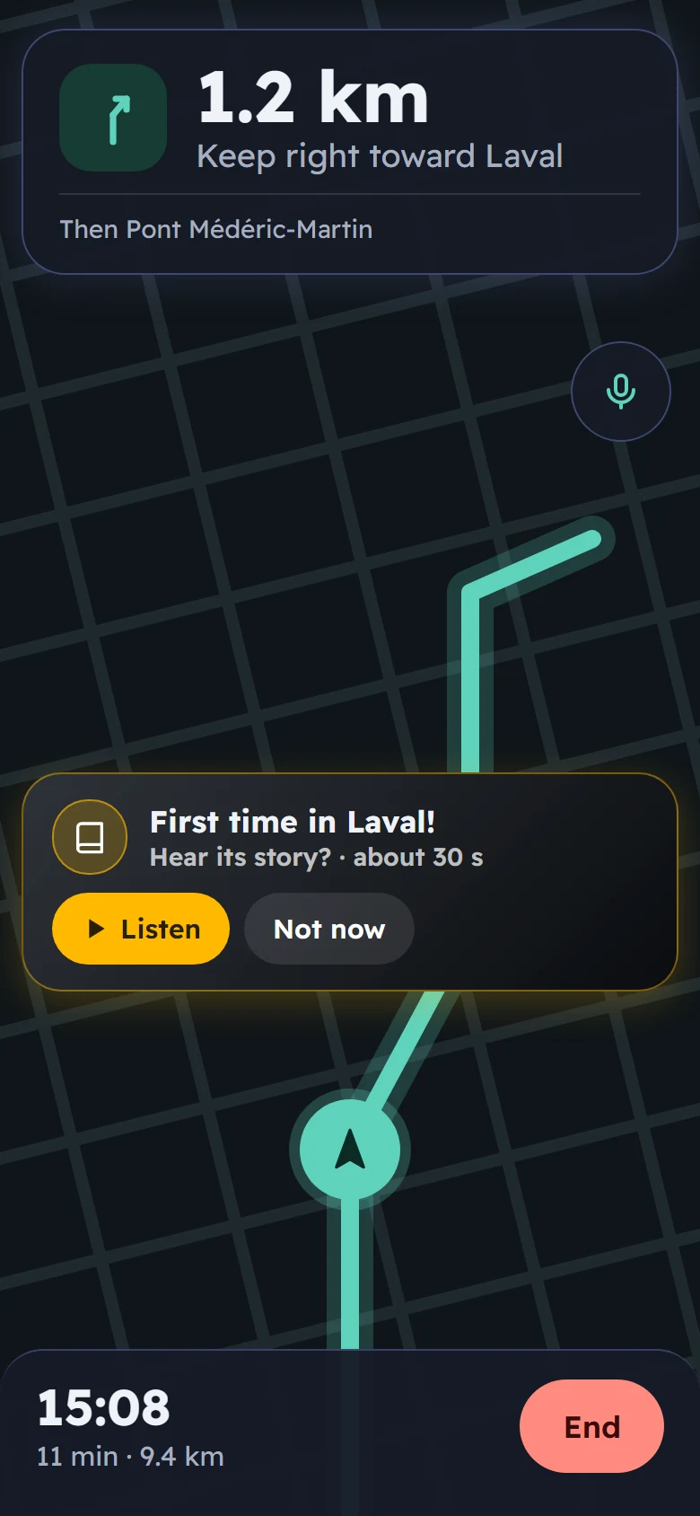 Navigation toward Laval with a card: First time in Laval! Hear its story? About 30 seconds, with Listen and Not now buttons